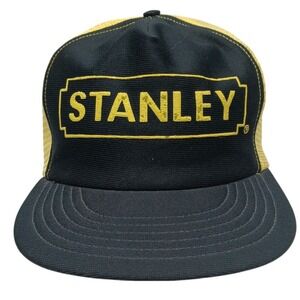 Vtg Trucker Hat Stanley Tools‎ Black &Yellow Cap 80s Mesh Snap Back Hardware USA